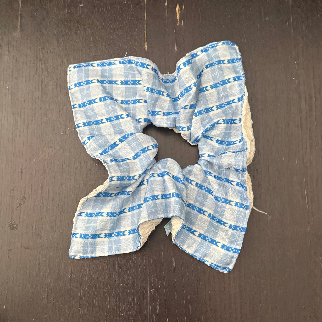 White Front Blue Check Back Hair Tie｜双面白色蓝格子发圈