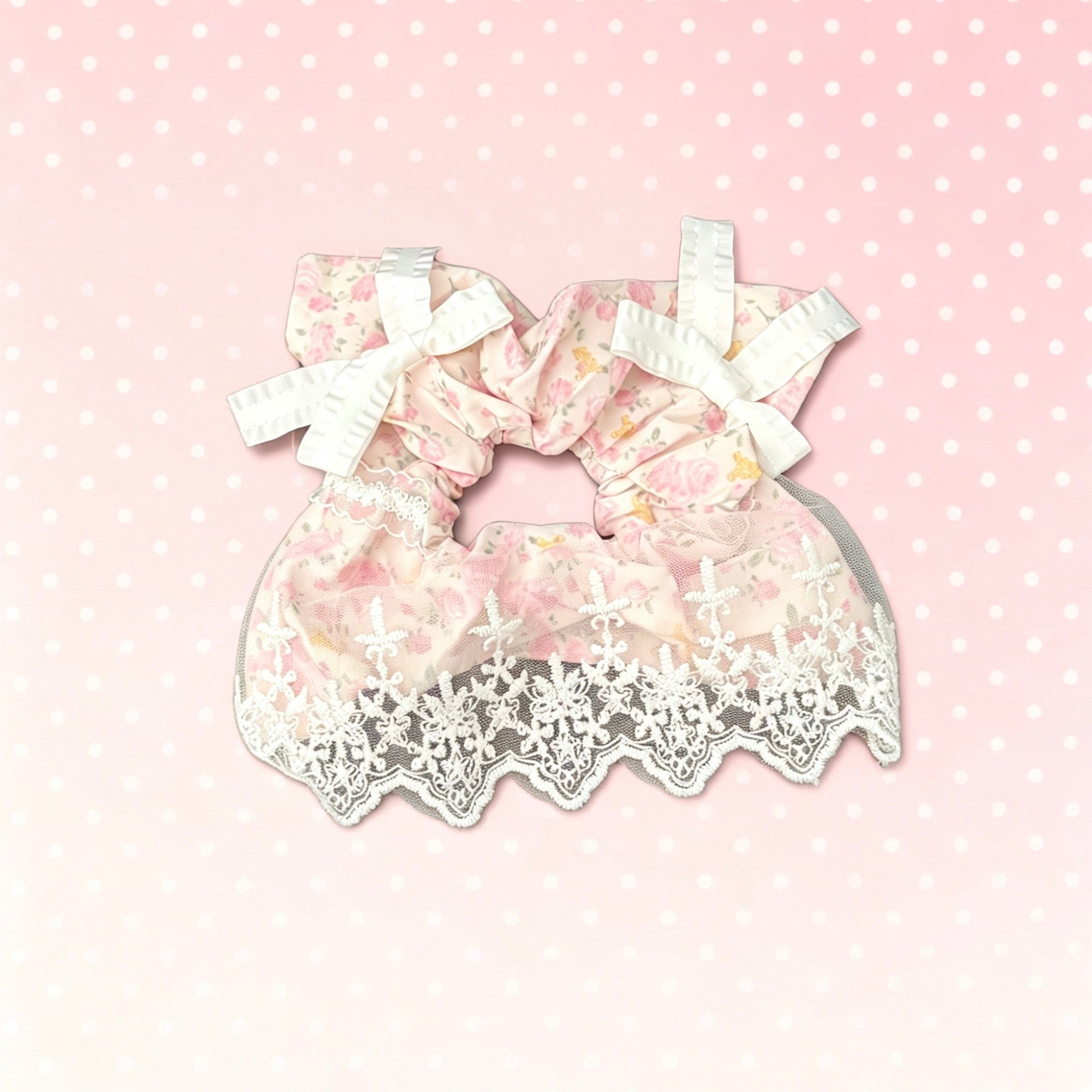 White Lace & Bow Pink Hair Tie｜白色蕾丝和蝴蝶结粉色发圈