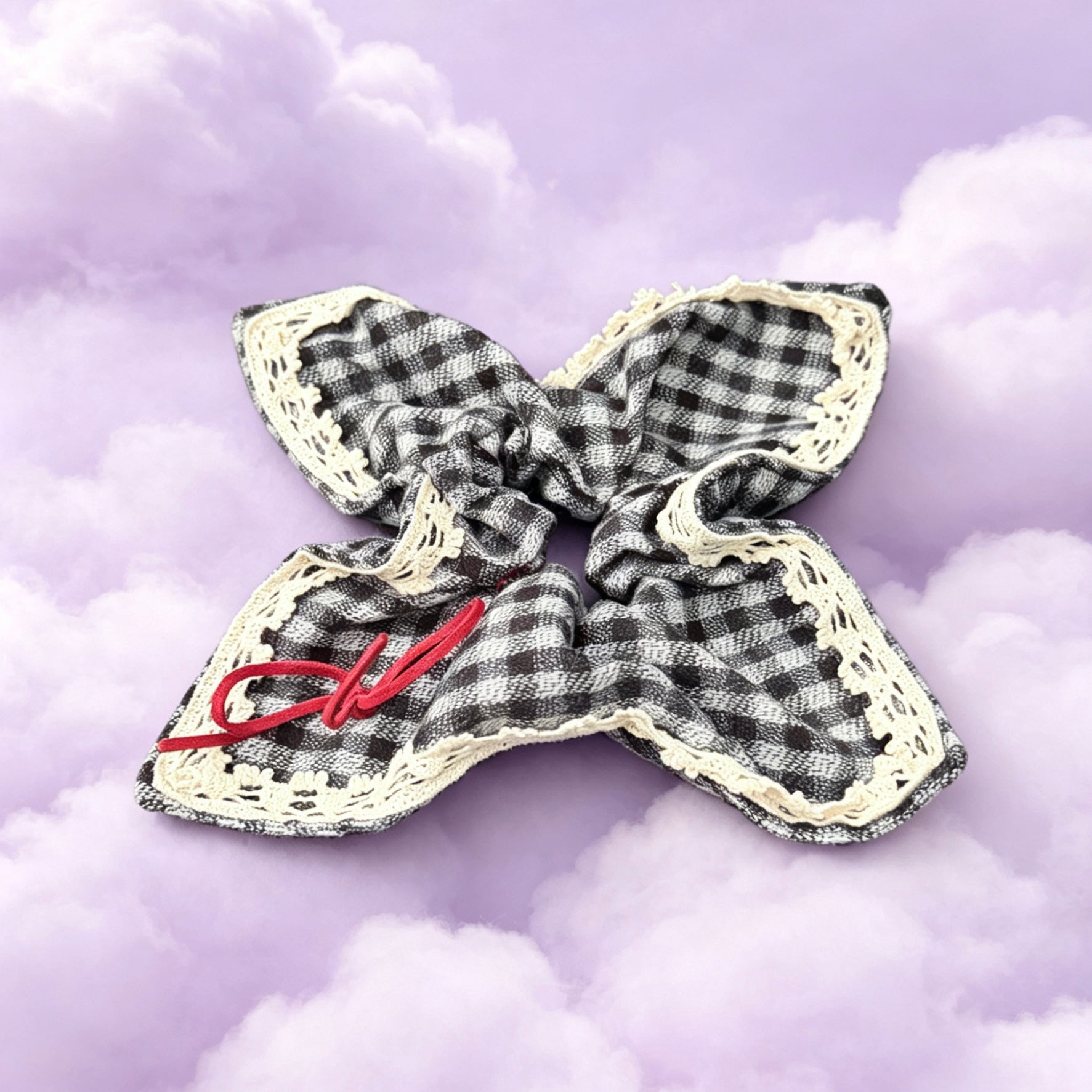 Red Bow Black & White Hair Tie｜红色蝴蝶结黑白格发圈