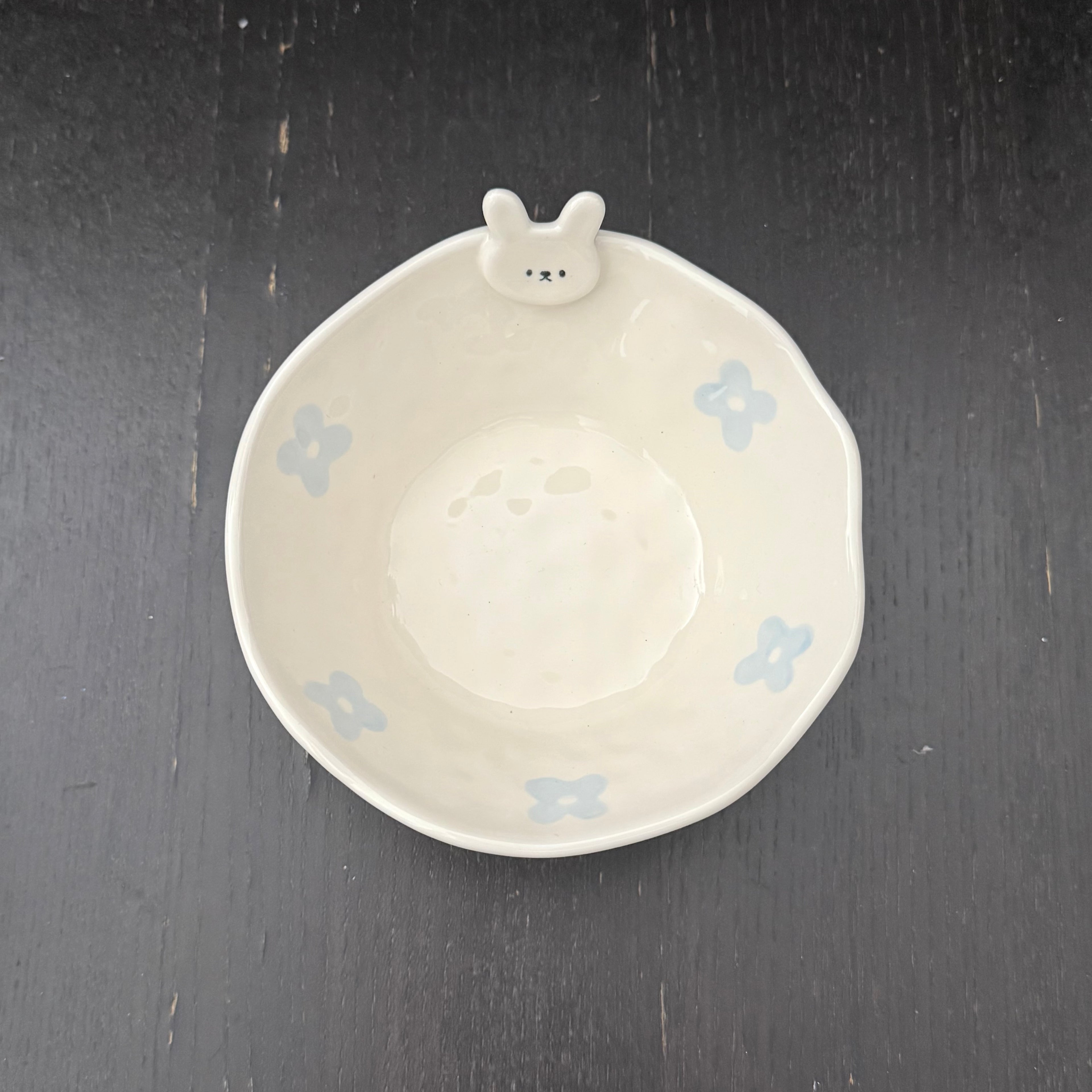 White Bunny & Blue Flowers Bowl