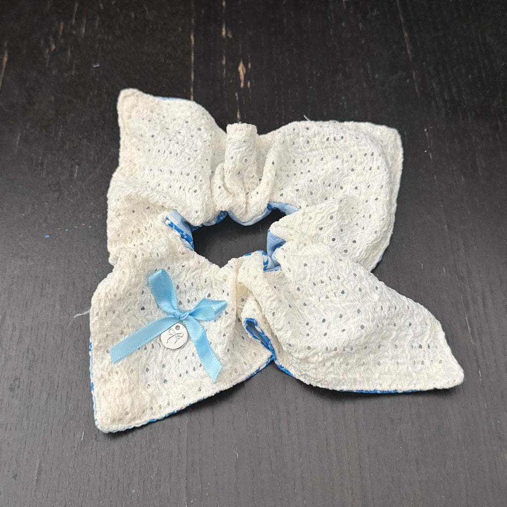 White Front Blue Check Back Hair Tie｜双面白色蓝格子发圈