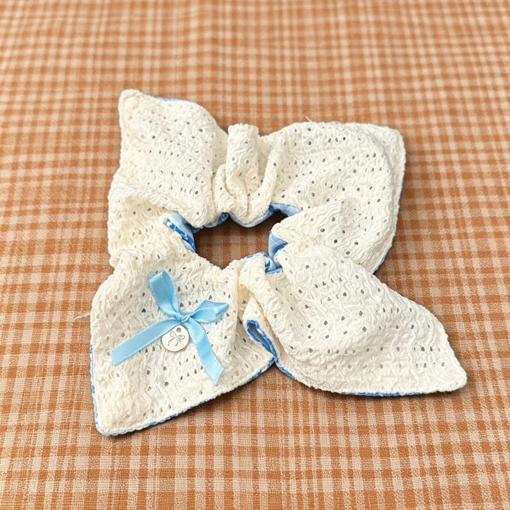 White Front Blue Check Back Hair Tie｜双面白色蓝格子发圈