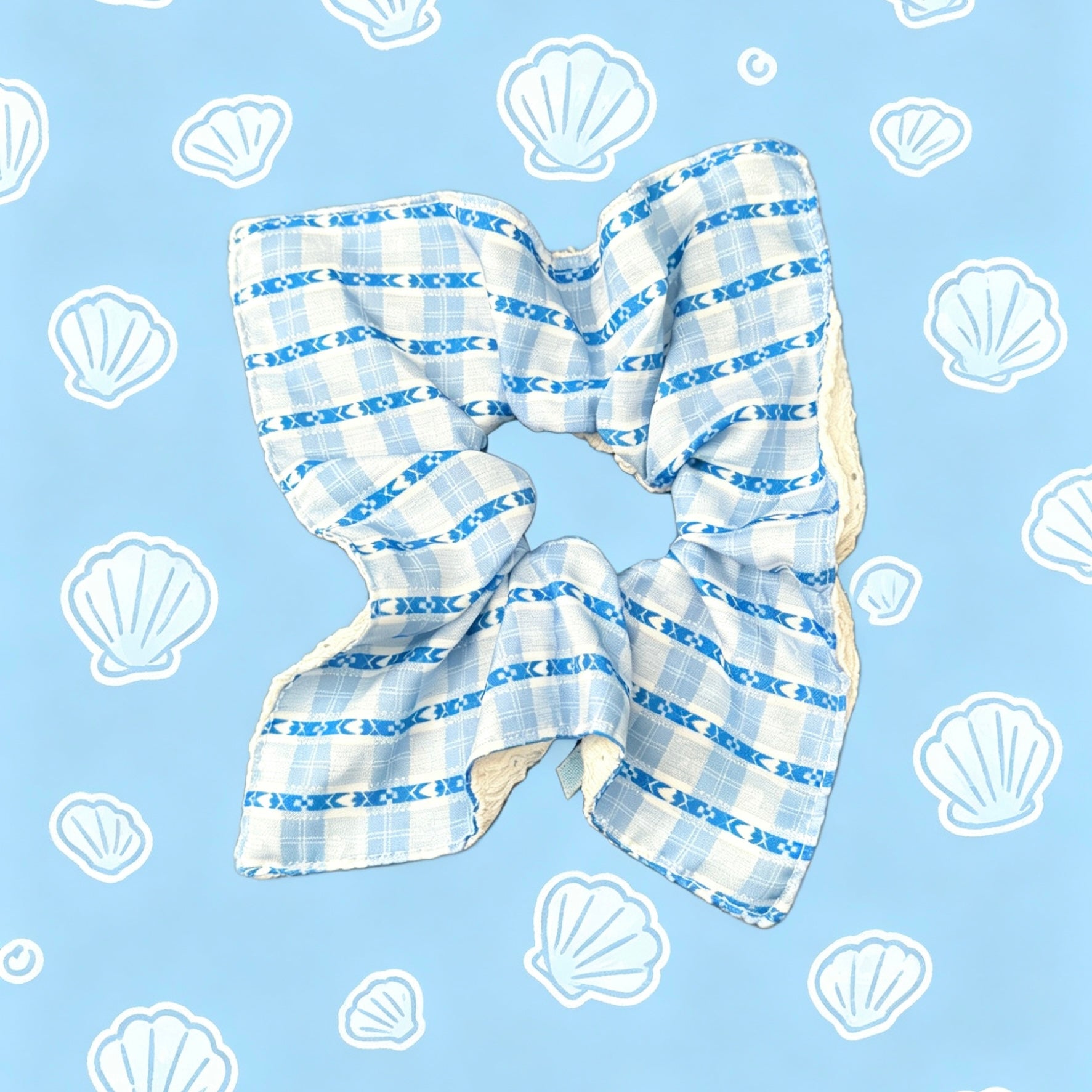White Front Blue Check Back Hair Tie｜双面白色蓝格子发圈