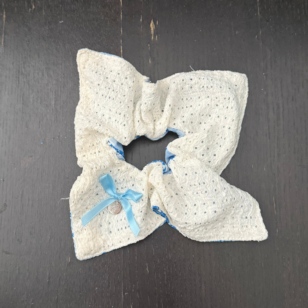 White Front Blue Check Back Hair Tie｜双面白色蓝格子发圈